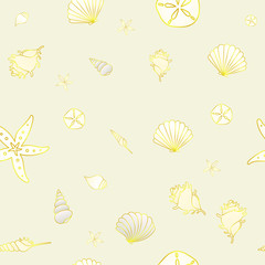 Seashell and starfish gold color doodle on cream color background.