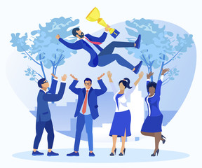 Business Team of Four Office Workers, Dressed Smart, Celebrating Victory, Throwing Their Leader with Golden Champion Cup for Scoring Top Result, Against Big City Business Quarter in Background