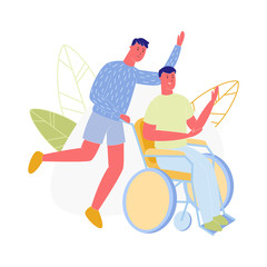 Young Man Pushing Disabled Guy Sitting in Wheelchair. Character Support his Friend, Handicapped Person Enjoying Full Life, Friendship, Rehabilitation, Spare Time. Cartoon Flat Vector Illustration