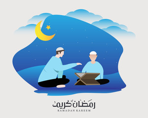 Islamic illustration design concept of reading the Quran for Ramadan, templates for web landing pages, banners, presentations, social, posters, advertisements, promotions or print media.