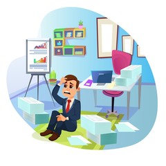 Despaired Man, Sitting on Office Floor in Tears, Surrounded by Documents in Huge Piles All Over Room, Feeling Lost. Cartoon Hysteric Worker, Snowed Under With Work. Preparing Year End Accounts.
