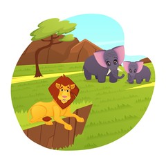 Lazy Male Lion King Relaxing Lying on Rock, Mother and Baby Elephant in Zoo Park Open Air Cage on Nature, African Animals Wildlife, Safari, Predators and Herbivorous Cartoon Flat Vector Illustration