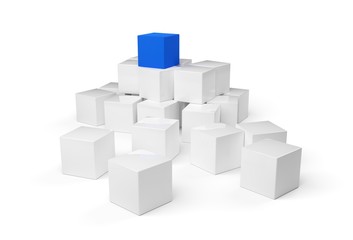 Blue cube on top of heap of white cubes over white background - software module, teamwork or standing out from the crowd leadership concept