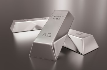 Three shiny palladium ingots or bars over reflective grey background - precious metal or money investment concept