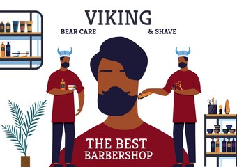 The Best Barbershop Viking Bear Care & Shave Banner. Hairdressers Provide any Kind Help Clients Regarding their Appearance: Mustache Care, Shaving, Changing Hairstyles. Vector Illustration.