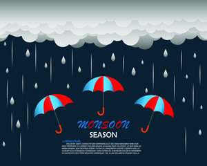 Happy Monsoon season background template with cloud rain and umbrella for banner poster flyer or advertising.