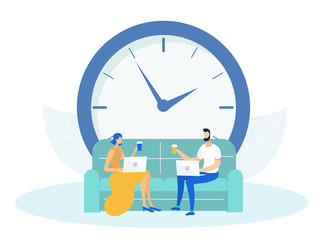 Man and Woman Sitting on Couch or Sofa and Working on Laptop Flat Cartoon Vector Illustration. Collegues Drinking Takeaway Coffee with Huge Clock on Background. Deadline Concept. Time Menagement.