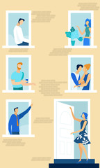 House Windows with Neighbors Doing Daily Things in Apartments such as Drinking Coffee in Paper Cup, Watering Potted Plant, Hugging and Kissing, Pointing with Finger, Woman Opening Door.