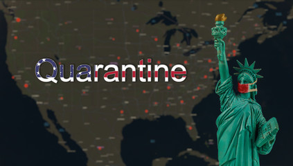 USA quarantine pandemic with coronavirus COVID-19 US map attack coronavirus in the statue of liberty
