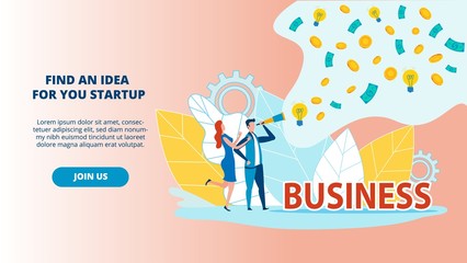 Find an Idea for You Startup Banner Illustration. Pair Animated Caracters. Man and Woman Looking Ideas for Business, Leader watch in Telescope. Many Solutions, Ideas and Financial Flows in Future.