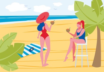 Silhouette of Women in Swimsuit Tan and Relax on Coast. Standing Female Character in Straw Hat Holding Coconut Cocktail with Tube and Drink near Sitting on Chair Tourist. Enjoy Summertime