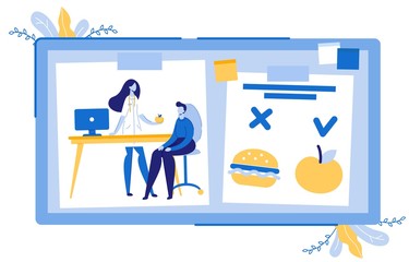 Dietician Doctor Giving Apple to Man Patient Flat Cartoon Vector Illustration. Healthy Meal vs Fast Food. Woman Prescribing Diet to Character. Junk Food. Board with Fast Meal and Fruit.