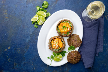 Sea Urchins caviar in shell with onion and cilantro. Top view. On trendy classic blue background
