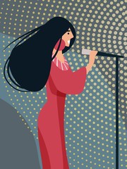 Beautiful Long Haired Woman Wearing Elegant Gown and Accessories Holding Floor Microphone in Hand Singing Musical Composition on Stage or Karaoke Bar. Talented Artist. Cartoon Flat Vector Illustration