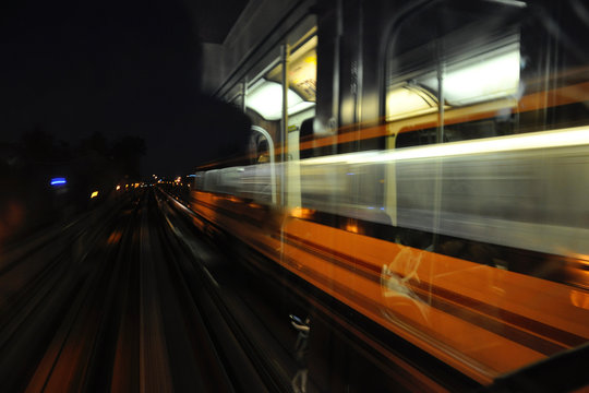 Photograph of blur motion of the train in the evening