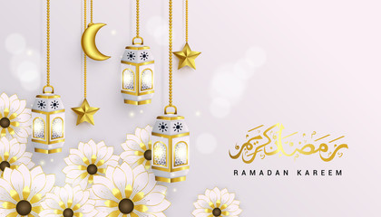beautiful islamic background design for ramadan kareem and happy eid mubarak with flower, hanging lantern, moon and star ornament. vector illustration