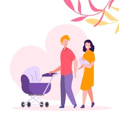 Illustration Young Family, Dad, Mom, Newborn Baby. Flat Vector. Walk, Man Carries Stroller, Smiling Woman Holds Сhild, Infant Boy, Girl. Happy Parents, Parenthood, Motherhood, Fatherhood