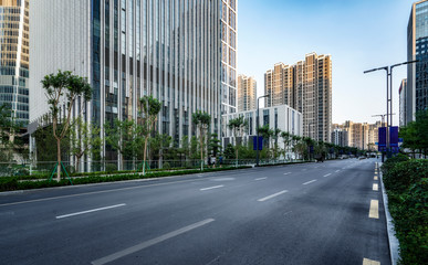 Streets and office buildings of Jinan central business district..