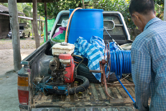 Nozzle of garden water hose on Thai truck