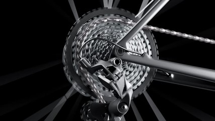 Endless close-up view at the MTB bike wheel while riding. Studio. Chain. 4k HD - Powered by Adobe