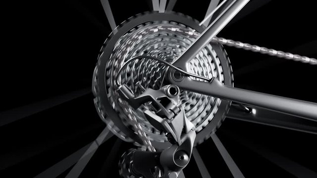 Endless close-up view at the MTB bike wheel while riding. Studio. Chain. 4k HD