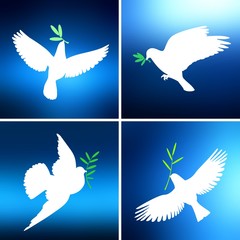 White dove with olive branch on blue blur sky. Symbol of peace and hope. Set background. Abstract illustration.