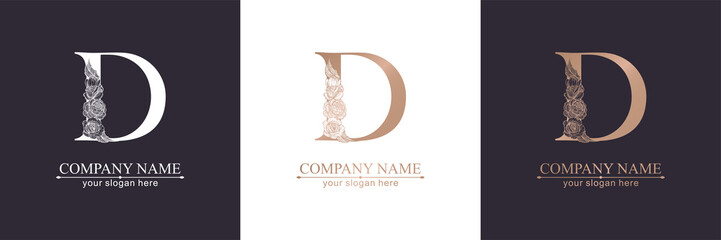 Letter D logo or monogram. For your business. Vector sign. Floral style, beautiful roses. Personal logo.