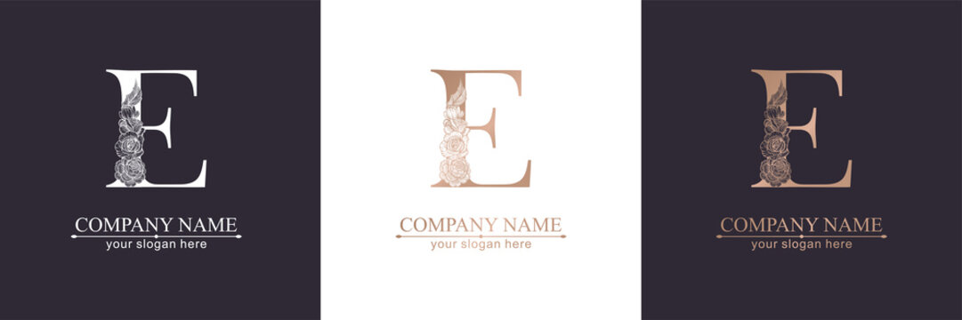 Letter E logo or monogram. For your business. Vector sign. Floral style, beautiful roses. Personal logo.