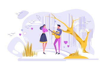 Couple Having Date in Park Flat Cartoon Vector Illustration. Young Man and Woman in Love. Romantic Relationship. Boyfriend Playing Guitar, Impressed Woman in Pleasant Atmosphere. Characters.