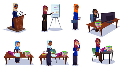 Cartoon Woman in Hijab Arabian Islamic Religious Dress Vector Illustration. Female Arab Businesswoman Character Set. Business Company Worker. Office Employee Computer Work Sit Table