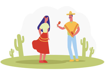 Cartoon Couple in Traditional Mexican Costume Vector Illustration. Man Mustache in Sombrero Hat Play Marocas. Woman in Ethnic Dress Dance. Folk Music. People Hispanic Holiday Celebration
