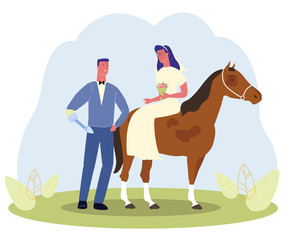 Cartoon Man with Prosthetic Hand in Suit, Woman in Wedding Dress on Horseback Vector Illustration. Groom Bride Wedding Celebration. Physically Disabled Handicapped Couple, Romantic Relationship