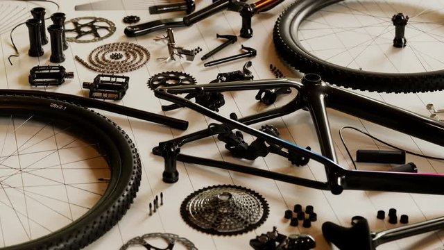 Bike components composed at garage workbench. Endless animation. Side view 4k HD