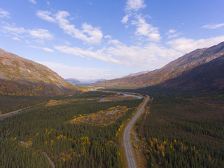 Denali National Park, Nenana River and Alaska Route 3 aka George Parks Highway aerial view in fall,...