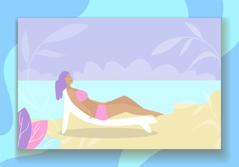 Obraz na płótnie Canvas Lady Lies on Chaise Lounge Sunbathing on Beach Flat Illustration. Woman in Pink Bikini Taking Sunbath. Summertime Vacation and Relaxation at Sea Coast Cartoon Vector. Summer Hobby and Rest