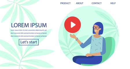 Cartoon Woman Developer Character Showing New Video Player Application. Female Office Worker in Eyeglasses Presenting Modern Online Tutorial or Course. Landing Page. Vector Flat Natural Illustration