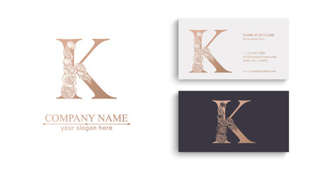 Letter K logo or monogram. For your business. Vector sign. Floral style, beautiful roses. Personal logo.