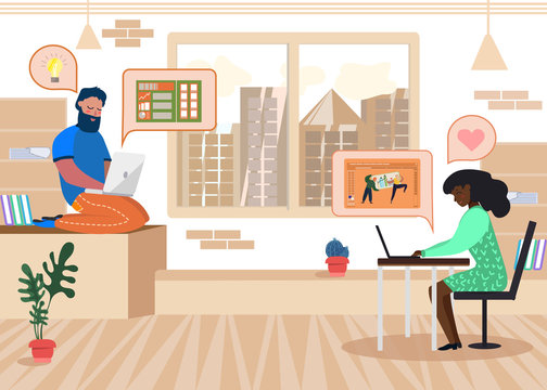 Cartoon Man and Woman Characters Working on Laptop. Diverse Developers Engaged with Data Researching and Processing. Coworking Space Interior. Digital Marketing and Statistic. Vector Flat Illustration