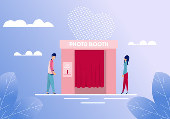 Man and Woman Standing near Photo Booth Cartoon. People Characters Going Take Picture for Good Memories. First Dating at Flat Photobooth. Romantic Gradient Backdrop. Vector Illustration