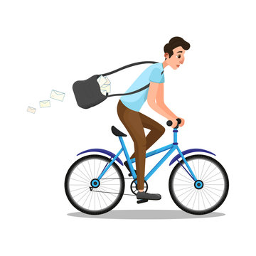 Cartoon Caucasian Man in Postman Role Riding Bike. Cool Male Courier Person Character with Bag Full of Letter Envelopes Rushing on Bicycle. Cycling Cinema Actor Isolated on White. Vector Illustration