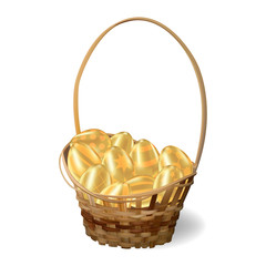 Easter hunting concept. Golden Easter eggs with patterns lie in a wicker basket. Realistic vector isolated on white background.