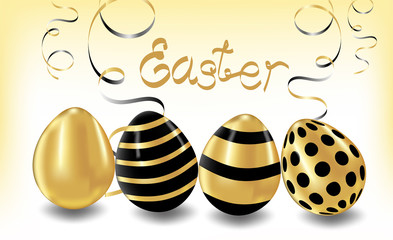 Easter eggs on a gold background. 4 golden easter vector drawing, concept for holiday card, poster.