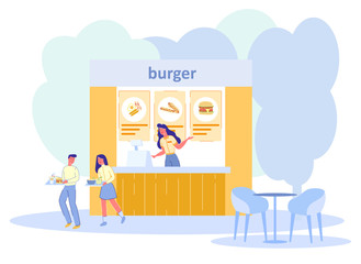 Children, Boy and Girl in School Uniform having Unhealthy Snack in Burger Fast Food Cafe. Street Park or Food Festival Eatery, Restaurant with Children Cartoon Characters. Flat Vector Illustration.