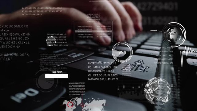 Time lapse of man working on laptop computer keyboard with graphic user interface GUI hologram showing big data science technology, digital network connection and computer programming algorithm.