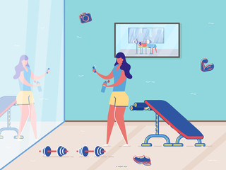 Cartoon Woman Take Photo in Gym Mirror, Selfie with Mobile Phone Camera Vector Illustration. Girl after Lifting Dumbbells on Bench. Cross Fitness Workout, Sport Training, Strength Exercises