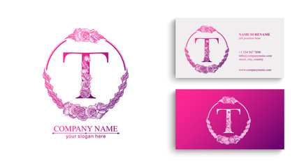 Letter T logo or monogram. For your business. Vector sign. Floral style, beautiful roses. Personal logo.