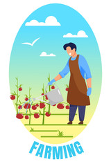 Farming Banner. Man Farmer Work on Garden Bed Watering Tomatoes. Gardener Character Care for Vegetables, Ecological Healthy Farm Production. Seasonal Work, Agriculture Cartoon Flat Vector Illustration
