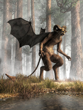 A hoofed creature with an animal head, horns and bat wings stands in the pine barrens. The Jersey Devil is a legendary cryptid of southern New Jersey. 3D Rendering.