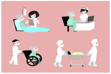Medical personnel are caring for sick people. Vector person cartoon character on isolated background.