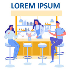Cocktail Bar Counter with Barmaid Shaking Cocktails and Clients, Man and Women Cartoon Characters Drinking. Nightclub or Restaurant Visitors Tasting Beverages. Trendy Flat Vector Illustration.